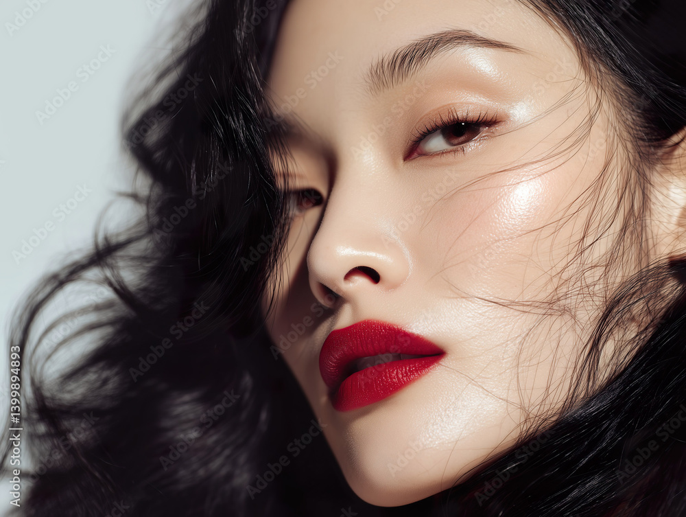 Beautiful Asian model with red lipstick and long hair.