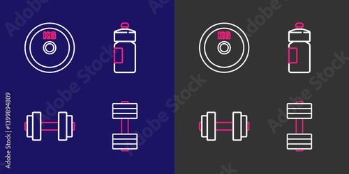 Set line Dumbbell, Fitness shaker and Weight plate icon. Vector