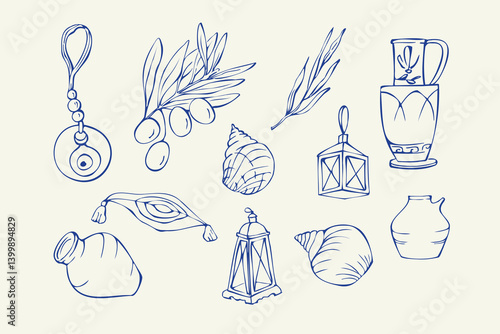 Set of Mediterranean Sea doodles blue