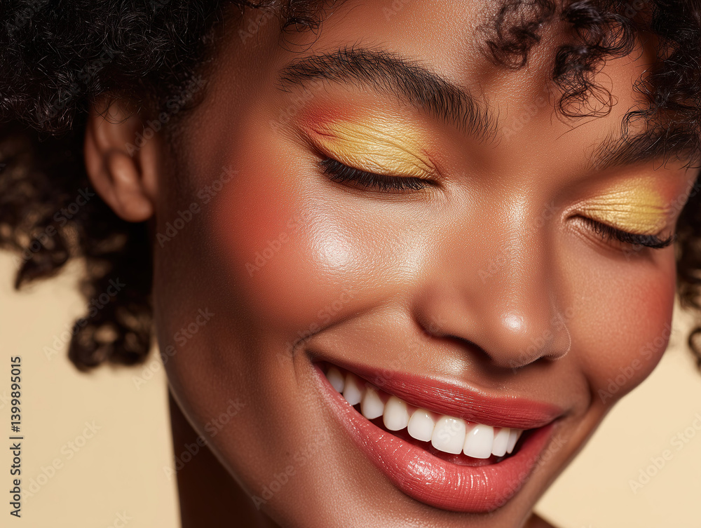 Close-up of pretty black model with warm peachy, make-up and dreamy toothy smile.