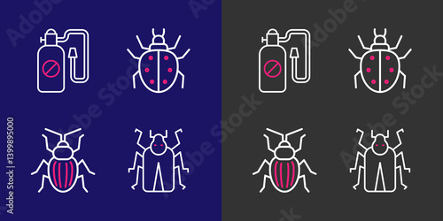 Set line Beetle bug, Chafer beetle, Mite and Pressure sprayer icon. Vector