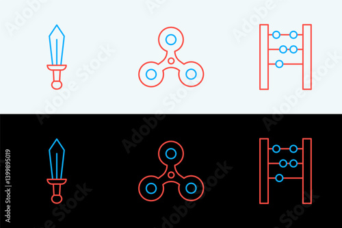 Set line Abacus, Sword toy and Fidget spinner icon. Vector