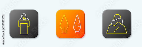 Set line Gives lecture, Stone age arrow head and Rock stones icon. Vector