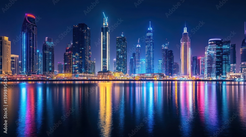 Fototapeta premium Vibrant cityscape at night, illuminated skyscrapers reflecting on calm water