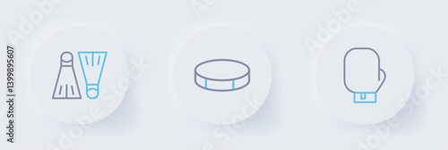 Set line Boxing glove, Hockey puck and Rubber flippers for swimming icon. Vector