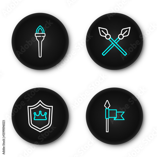 Set line Medieval spear, Shield with crown, Crossed medieval spears and Torch flame icon. Vector