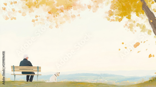 serene scene of elderly man sitting on bench with his dog, enjoying nature beauty