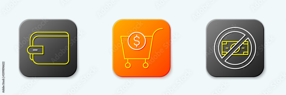 Set line Wallet, Shopping cart and dollar and No money icon. Vector Set line Wallet, Shopping cart and dollar and No money icon. Vector