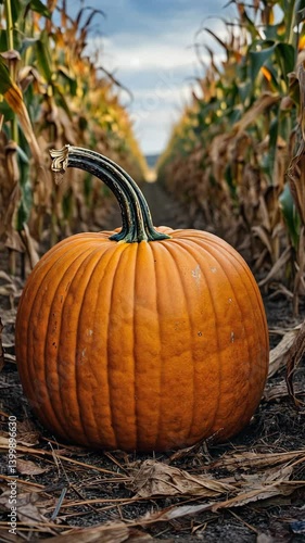Wallpaper Mural Bright orange pumpkin resting in a cornfield during autumn harvest at sunset in a rural landscape Torontodigital.ca