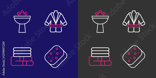 Set line Sponge, Towel stack, Bathrobe and Washbasin with water tap icon. Vector