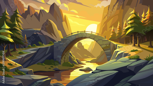 Natural stone bridge in a remote mountainous region, golden sunlight hitting its surface