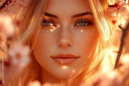 Pretty caucasian young woman surrounded by cherry blossoms. Commercial promotion creative. Spring mood, golden hour in sunset. Vibrant woman with colorful flowers in spring.