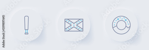 Set line Donut, Flag Confederate and Baseball bat icon. Vector