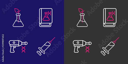 Set line Syringe, Transfer liquid gun, Genetic engineering book and Plant breeding icon. Vector