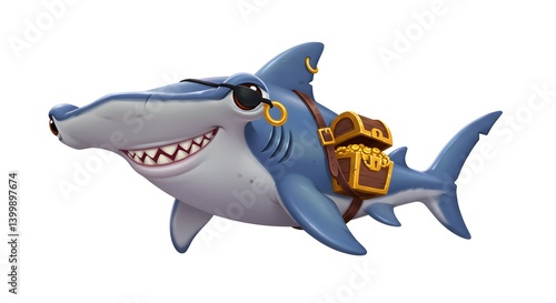 Cartoon Shark with Pirate Attire and Treasure Chest Illustration