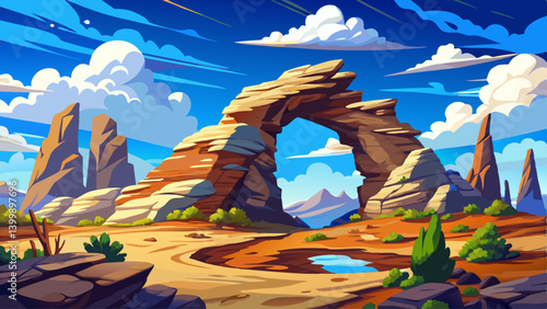 Rocky landscape with a prominent stone arch, clouds drifting lazily in the blue sky
