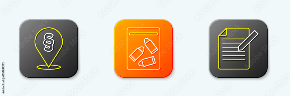 Set line Location law, Evidence bag and bullet and Document pen icon. Vector Set line Location law, Evidence bag and bullet and Document pen icon. Vector