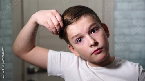 ten year old boy combing his hair standing in front of a mirror looking at the camera