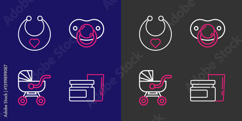 Set line Baby food, stroller, dummy pacifier and bib icon. Vector