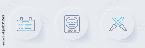 Set line Marshalling wands, Attitude indicator and Airport board icon. Vector