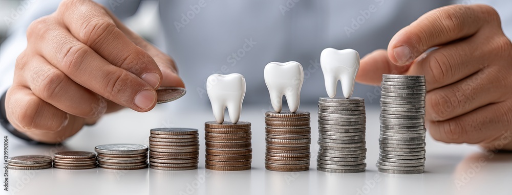 A hand is shaping a tooth model on gold coins, symbolizing dental finance and care in a bright studio with a blurred background