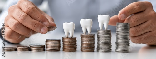 Obraz na płótnie A hand is shaping a tooth model on gold coins, symbolizing dental finance and care in a bright studio with a blurred background w salonie