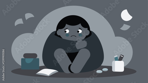 Depression A character is curled up in bed surrounded by tered items like a book and a photo frame with a gray color palette to represent melancholy. A shadow looms over them to