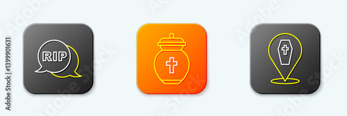 Set line Speech bubble rip death, Funeral urn and Coffin with cross icon. Vector