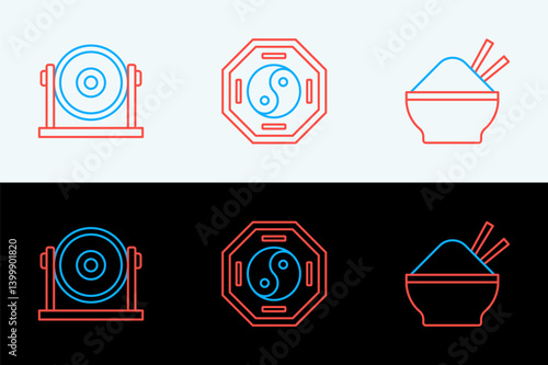 Set line Rice in bowl with chopstick, Gong and Yin Yang icon. Vector