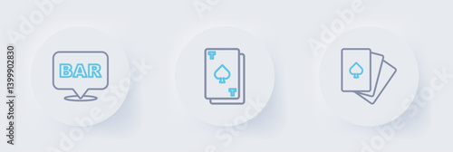 Set line Deck of playing cards, Playing with spades and Alcohol bar location icon. Vector