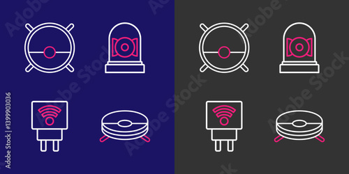 Set line Robot vacuum cleaner, Smart electric plug, Ringing alarm bell and icon. Vector