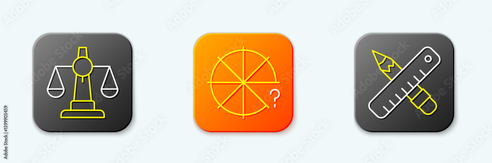Set line Scales of justice, Circle pieces and Crossed ruler and pencil icon. Vector Set line Scales of justice, Circle pieces and Crossed ruler and pencil icon. Vector