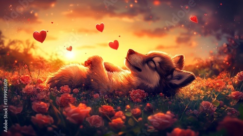 Serene Sunset Puppy Wolf Dreaming Amidst Roses and Hearts