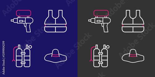 Set line Elegant women hat, Aqualung, Life jacket and Water gun icon. Vector