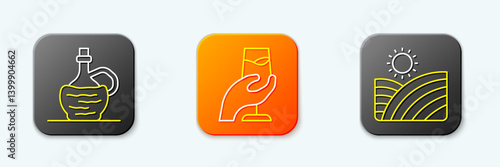 Set line Wine in italian fiasco bottle, tasting, degustation and Vineyard wine grapes icon. Vector
