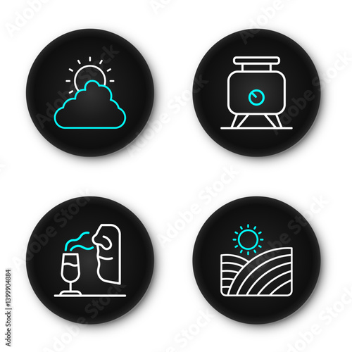 Set line Vineyard wine grapes, Sommelier, Fermentation of and Sun and cloud weather icon. Vector