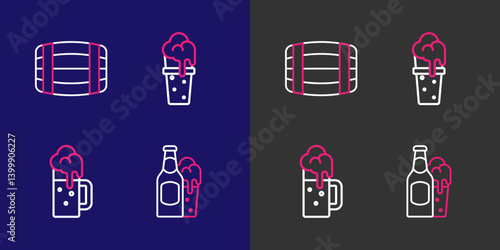 Set line Beer bottle and glass, Wooden beer mug, Glass of and barrel icon. Vector