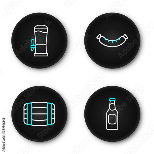 Set line Beer bottle, Wooden barrel, Sausage and tap icon. Vector