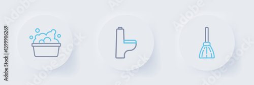 Set line Handle broom, Toilet bowl and Basin with soap suds icon. Vector