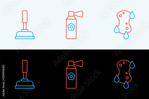 Set line Sponge, Rubber plunger and Air freshener spray bottle icon. Vector