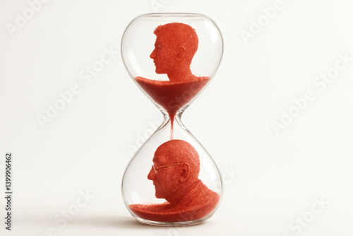 Hourglass with sand shaped as human aging over time