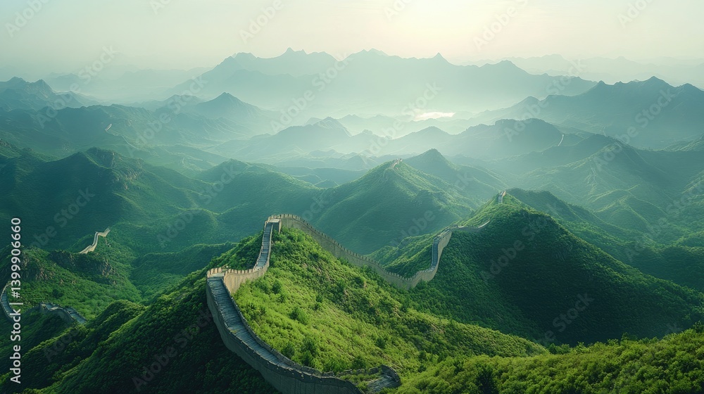Fototapeta premium Majestic Great Wall Winds Through Lush Green Hills, A Testament To History And Nature'S Harmony.