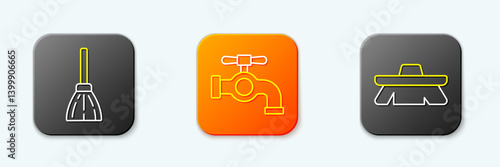 Set line Handle broom, Water tap and Brush for cleaning icon. Vector