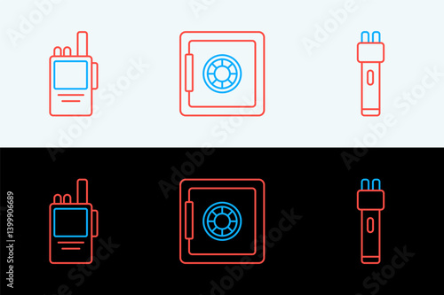 Set line Police electric shocker, Walkie talkie and Safe icon. Vector