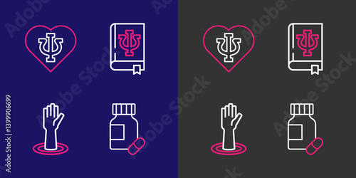 Set line Sedative pills, Helping hand, Psychology book, Psi and Psychology, icon. Vector