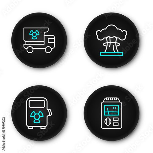 Set line Dosimeter, Electric car charging station, Nuclear explosion and Truck with radiation materials icon. Vector
