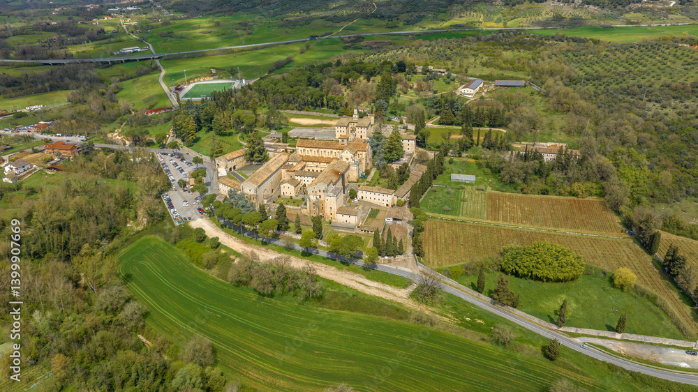 Aerial view of Casamari Abbey located near Frosinone, Lazio, Italy. It is a Cistercian abbey, example of early Italian Gothic architecture in the Burgundian style. It was declared a National Monument.