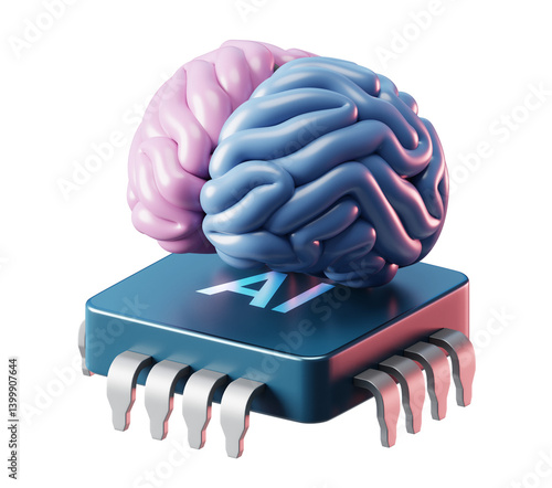 3D AI Brain with Artificial Intelligence Technology on Transparent Png and Neural Digital Data Machine.