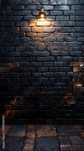 Atmospheric Interior Mobile Wallpaper Featuring Dimly Lit Brick Wall and Warm Toned Lamp Moody Design

