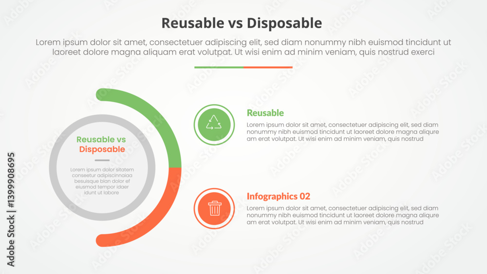 reusable vs disposable comparison opposite infographic concept for slide presentation with big circle and half circle variation with flat style reusable vs disposable comparison opposite infographic concept for slide presentation with big circle and half circle variation with flat style